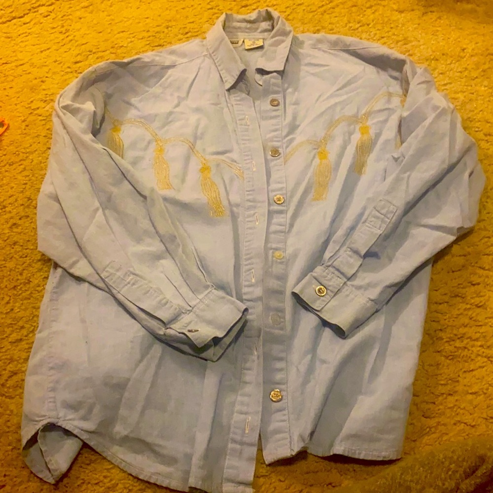 Unique Vintage Light Blue Button Down With Gold Tassel Design